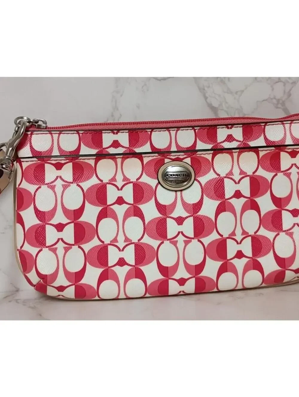 Coach Pink and White Signature Zip Wristlet Clutch